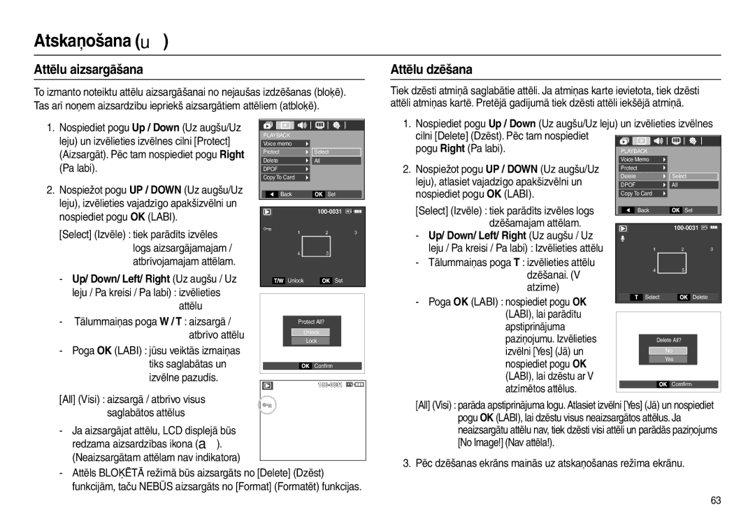 Samsung EC-L110ZRBA/RU, EC-L110ZBBA/RU manual Attēlu aizsargāšana, Attēlu dzēšana, Up/ Down/ Left/ Right Uz augšu / Uz 