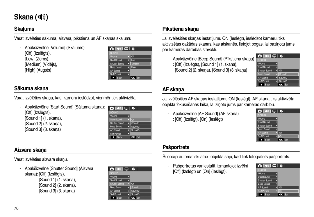 Samsung EC-L110ZBBA/LV manual Skaņa , Skaļums Pīkstiena skaņa, Aizvara skaņa Pašportrets, Varat izvēlēties aizvara skaņu 