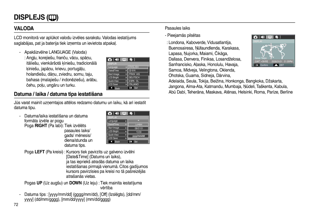 Samsung EC-L110ZBBA/RU, EC-L110ZRBA/RU manual Datuma / laika / datuma tipa iestatīšana, „ Pasaules laiks Pieejamās pilsētas 