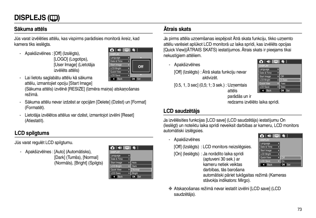 Samsung EC-L110ZSBA/RU, EC-L110ZRBA/RU, EC-L110ZBBA/RU manual Sākuma attēls, LCD spilgtums Ātrais skats, LCD saudzētājs 