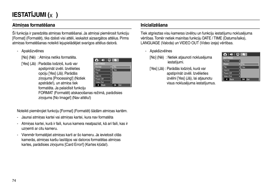 Samsung EC-L110ZBBA/LV, EC-L110ZRBA/RU, EC-L110ZBBA/RU, EC-L110ZSBA/RU manual Atmiņas formatēšana, Inicializēšana 