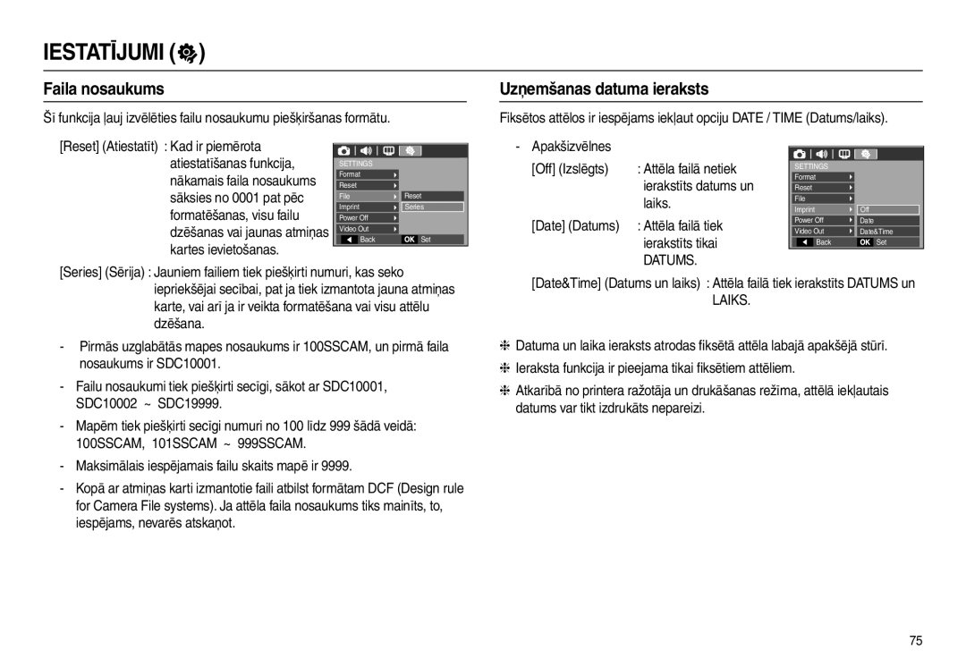 Samsung EC-L110ZRBA/RU, EC-L110ZBBA/RU, EC-L110ZSBA/RU manual Faila nosaukums, Uzņemšanas datuma ieraksts, Datums, Laiks 