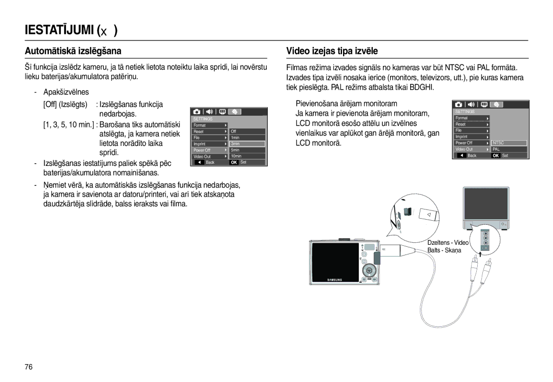 Samsung EC-L110ZBBA/RU, EC-L110ZRBA/RU Automātiskā izslēgšana, Video izejas tipa izvēle, „ Pievienošana ārējam monitoram 