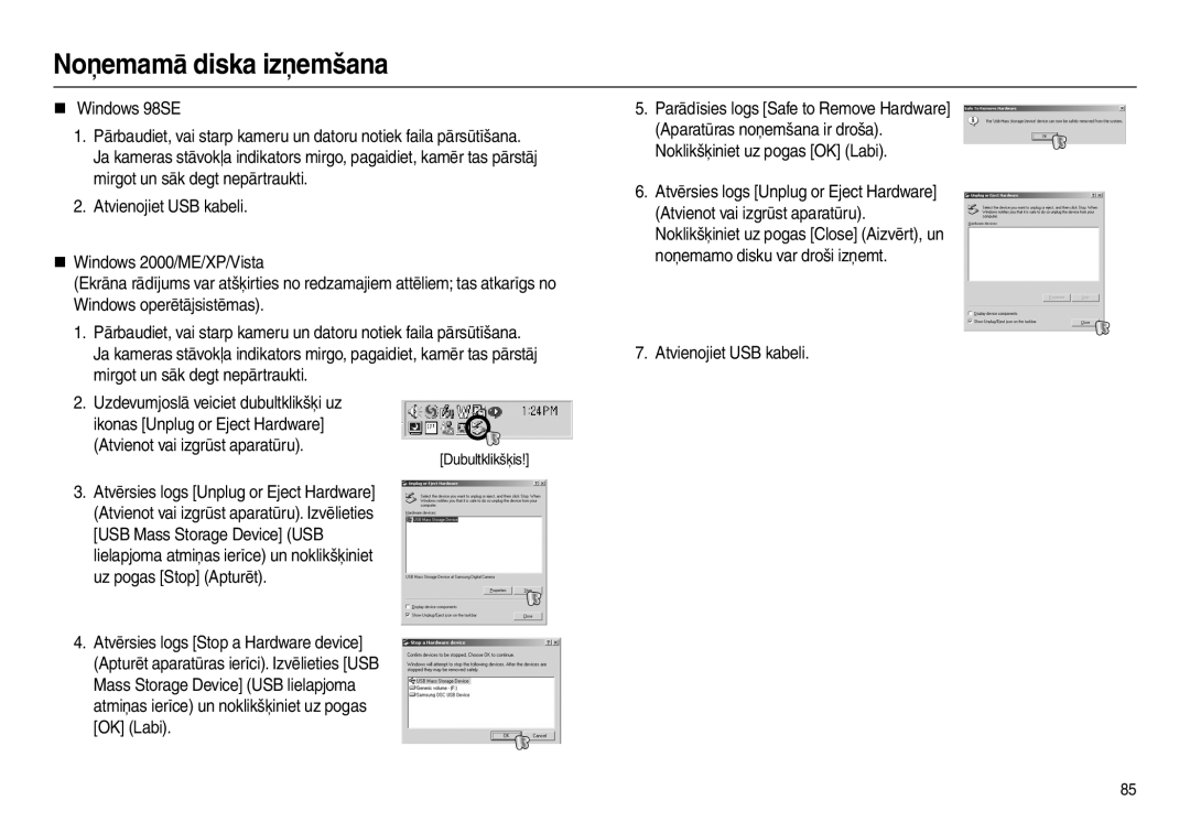 Samsung EC-L110ZSBA/RU Noņemamā diska izņemšana, „ Windows 98SE, Atvienot vai izgrūst aparatūru, Atvienojiet USB kabeli 