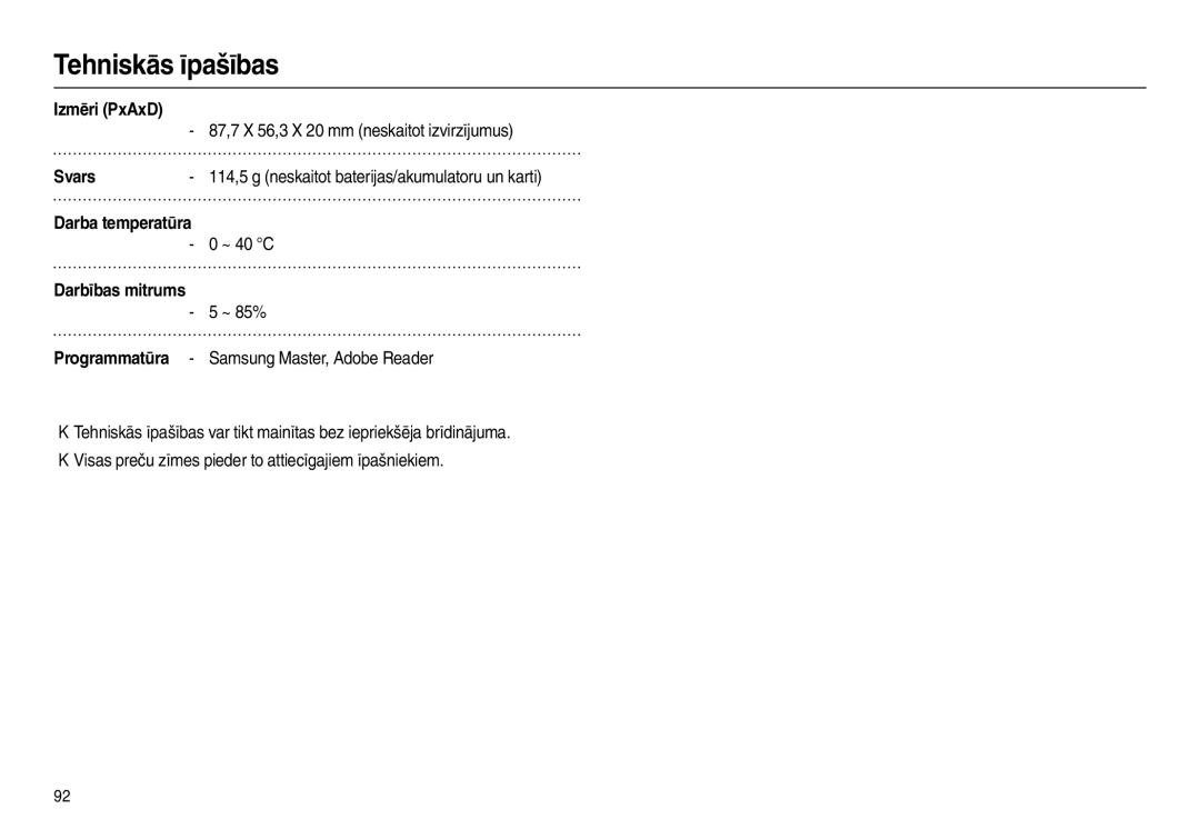 Samsung EC-L110ZBBA/RU, EC-L110ZRBA/RU, EC-L110ZSBA/RU manual Izmēri PxAxD, Svars, Darba temperatūra, Darbības mitrums 