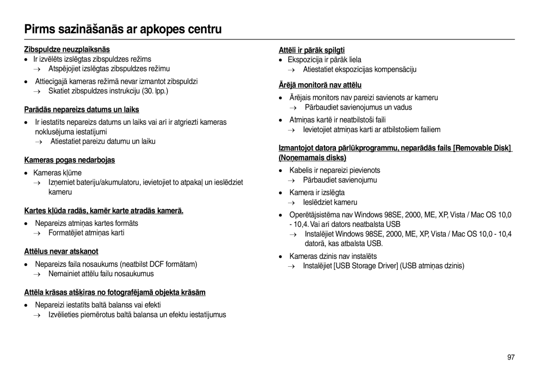 Samsung EC-L110ZSBA/RU manual Zibspuldze neuzplaiksnās, Parādās nepareizs datums un laiks, Kameras pogas nedarbojas 