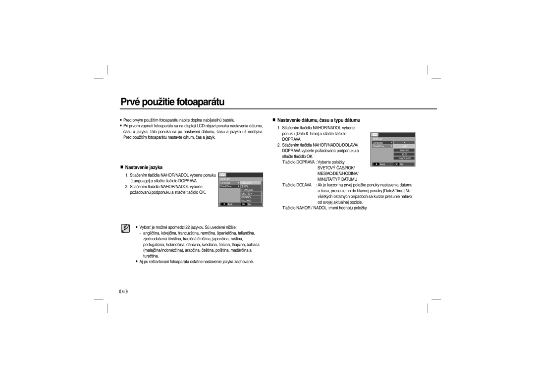 Samsung EC-L200ZSDC/E3, EC-L200ZBBA/FR Prvé použitie fotoaparátu, Nastavenie dátumu, času a typu dátumu, Nastavenie jazyka 