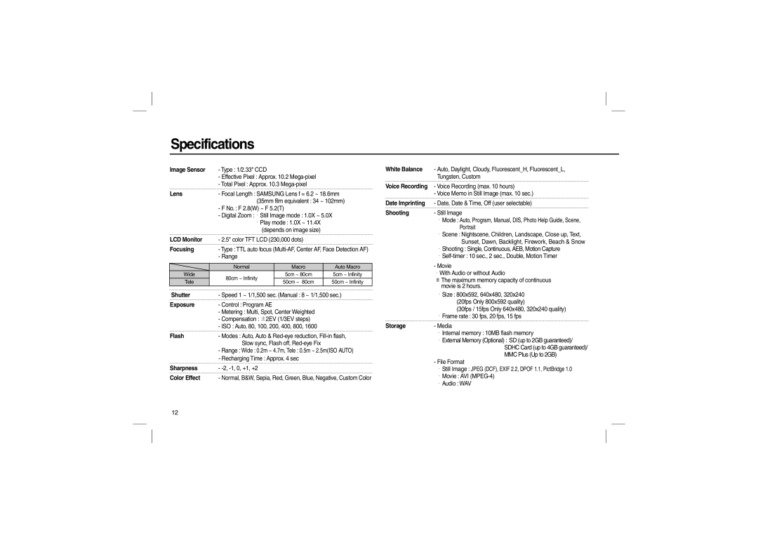 Samsung EC-L200ZRBA/LV, EC-L200ZBBA/FR, EC-L200ZRBA/FR, EC-L200ZSBA/FR, EC-L200ZPBA/FR, EC-L200ZSBB/IT manual Specifications 