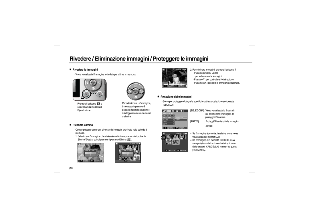 Samsung EC-L200ZSBA/FR Rivedere / Eliminazione immagini / Proteggere le immagini, Rivedere le immagini, Pulsante Elimina 