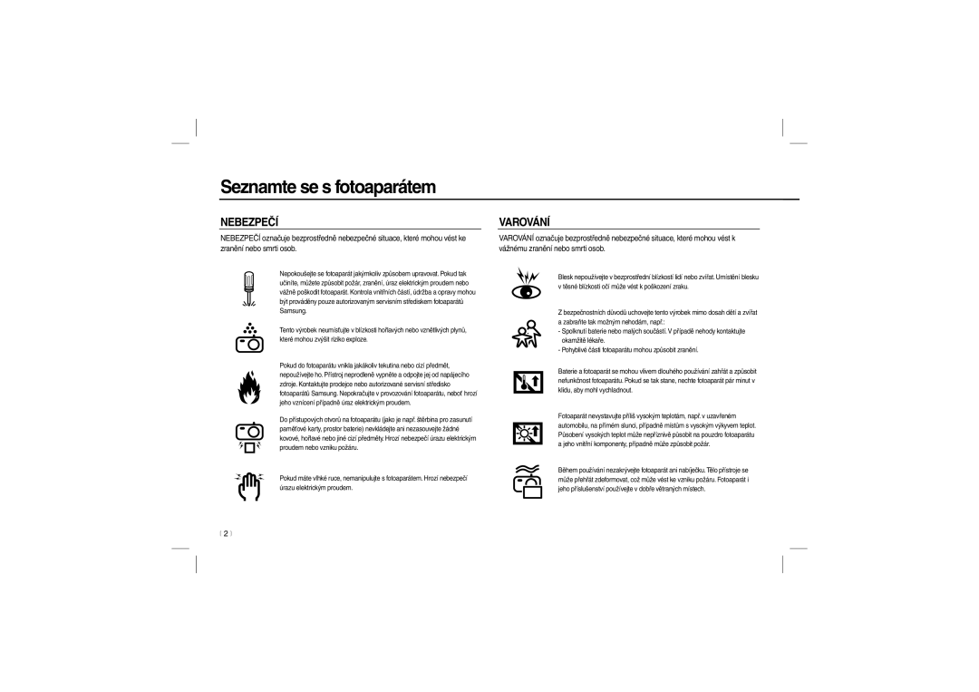 Samsung EC-L200ZSBA/IT, EC-L200ZBBA/FR, EC-L200ZRBA/FR, EC-L200ZSBA/FR, EC-L200ZPBA/FR, EC-L200ZSBB/IT Nebezpečí, Varování 