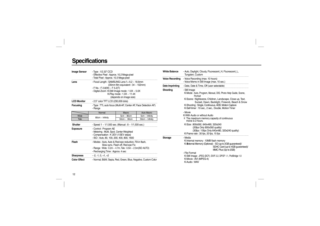 Samsung EC-L200ZRBA/LV, EC-L200ZBBA/FR, EC-L200ZRBA/FR, EC-L200ZSBA/FR, EC-L200ZPBA/FR, EC-L200ZSBB/IT manual Specifications 