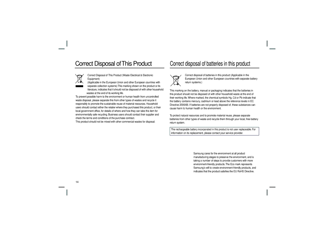 Samsung EC-L200ZSBA/RU, EC-L200ZBBA/FR, EC-L200ZRBA/FR, EC-L200ZSBA/FR, EC-L200ZPBA/FR manual Correct Disposal of This Product 