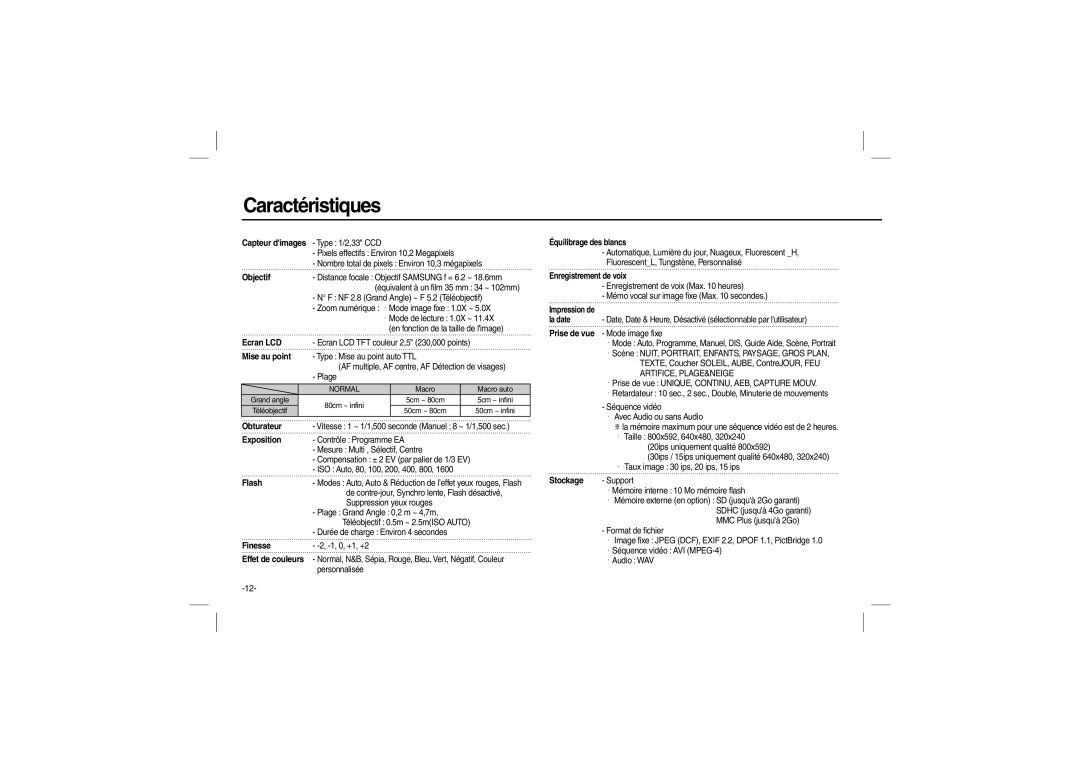 Samsung EC-L200ZBBA/IT, EC-L200ZBBA/FR, EC-L200ZRBA/FR, EC-L200ZSBA/FR, EC-L200ZPBA/FR, EC-L200ZSBB/IT manual Caractéristiques 