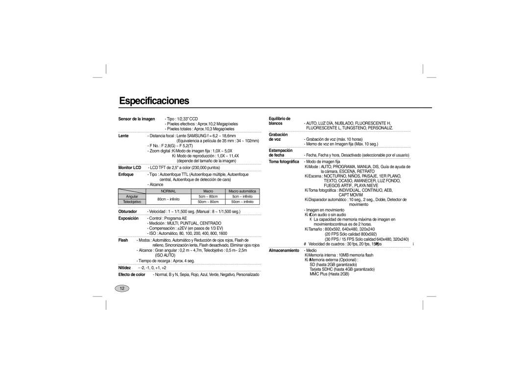 Samsung EC-L200ZSBA/IT, EC-L200ZBBA/FR, EC-L200ZRBA/FR, EC-L200ZSBA/FR, EC-L200ZPBA/FR, EC-L200ZSBB/IT manual Especificaciones 