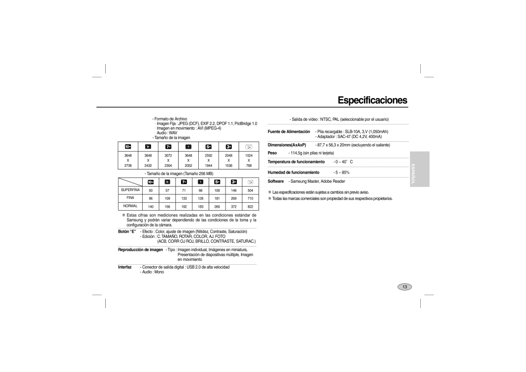 Samsung EC-L200ZSDC/E3, EC-L200ZBBA/FR, EC-L200ZRBA/FR manual Temperatura de funcionamiento, Humedad de funcionamiento 