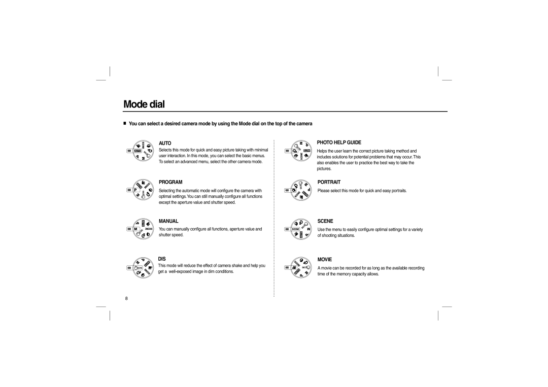 Samsung EC-L200ZRBB/IT, EC-L200ZBBA/FR, EC-L200ZRBA/FR, EC-L200ZSBA/FR, EC-L200ZPBA/FR, EC-L200ZSBB/IT manual Mode dial, Auto 