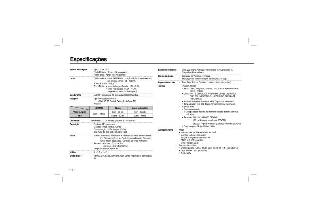 Samsung EC-L200ZRBA/RU, EC-L200ZBBA/FR, EC-L200ZRBA/FR, EC-L200ZSBA/FR, EC-L200ZPBA/FR manual Especificações, Sensor de imagem 