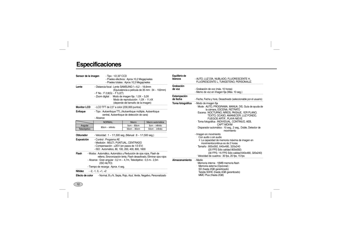 Samsung EC-L200ZSBB/IT, EC-L200ZBBA/FR, EC-L200ZRBA/FR, EC-L200ZSBA/FR, EC-L200ZPBA/FR, EC-L200ZBBB/IT manual Especificaciones 