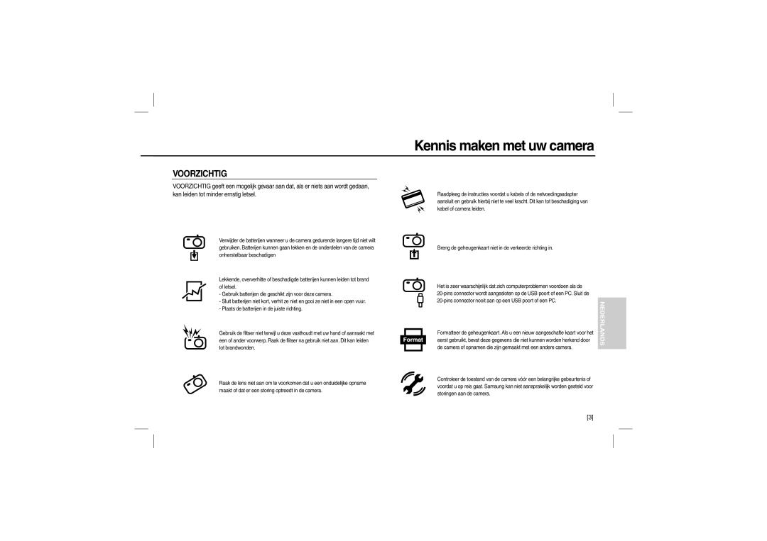 Samsung EC-L200ZSDC/E3, EC-L200ZBBA/FR, EC-L200ZRBA/FR, EC-L200ZSBA/FR, EC-L200ZPBA/FR, EC-L200ZSBB/IT Voorzichtig, Nederlands 