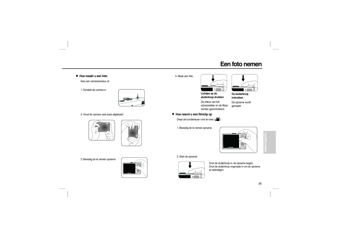 Samsung EC-L200ZRBA/RU manual Een foto nemen, Hoe maakt u een foto, Hoe neemt u een filmclip op, De sluiterknop indrukken 