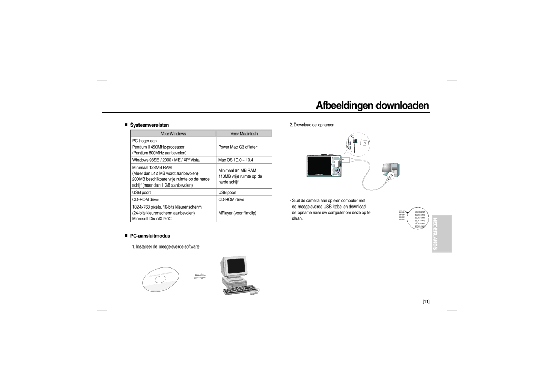 Samsung EC-L200ZSBA/LV, EC-L200ZBBA/FR, EC-L200ZRBA/FR manual Afbeeldingen downloaden, Systeemvereisten, PC-aansluitmodus 