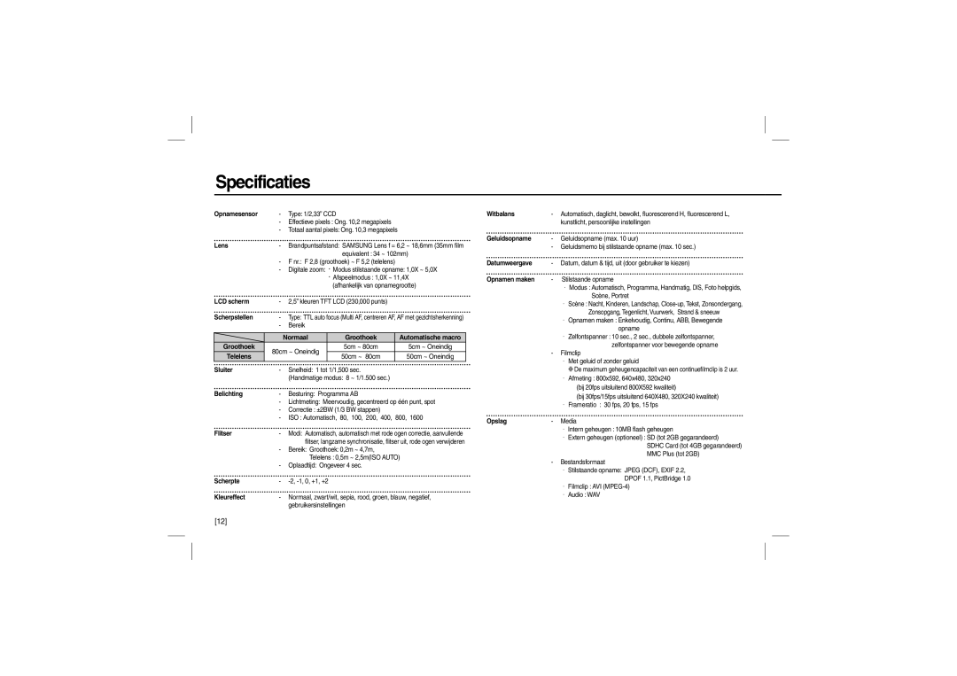 Samsung EC-L200ZBBA/RU, EC-L200ZBBA/FR, EC-L200ZRBA/FR, EC-L200ZSBA/FR, EC-L200ZPBA/FR Specificaties, Groothoek, 50cm ~ 80cm 