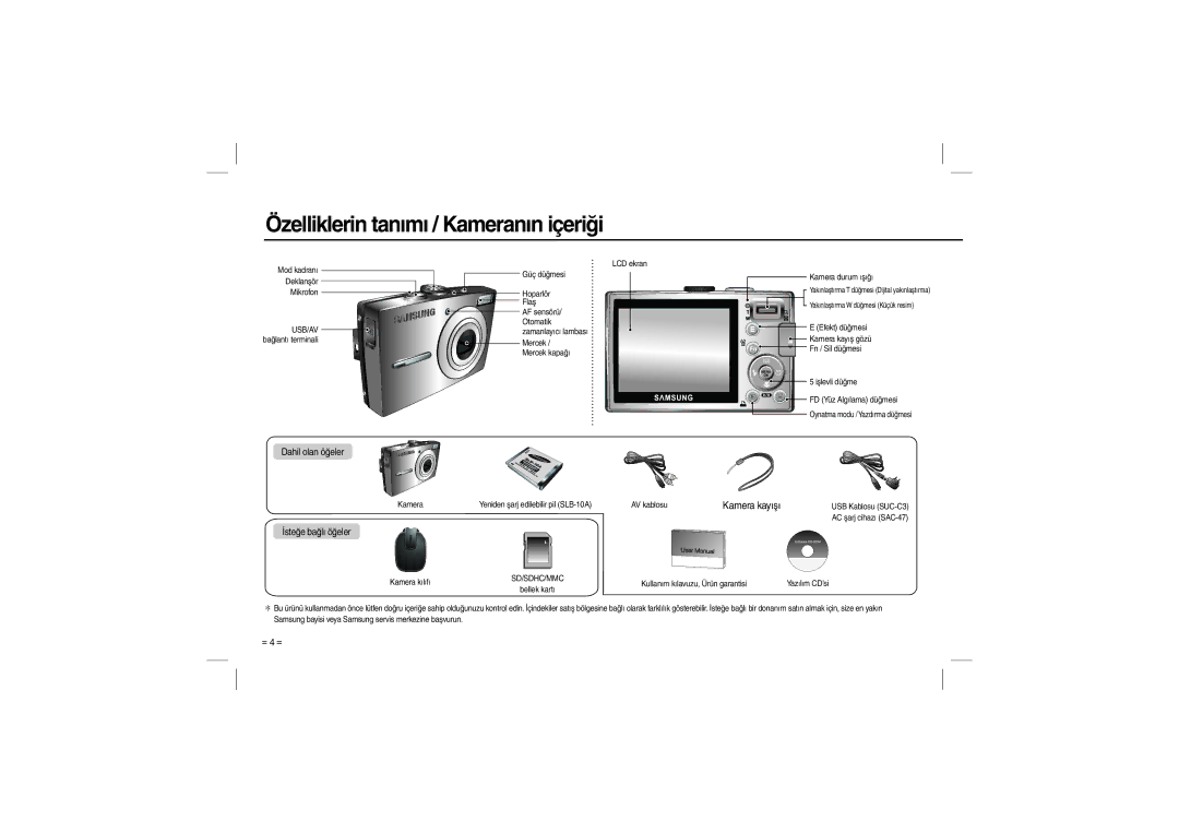 Samsung EC-L200ZBBA/LV, EC-L200ZBBA/FR, EC-L200ZRBA/FR manual Özelliklerin tanımı / Kameranın içeriği, Kamera kayışı 