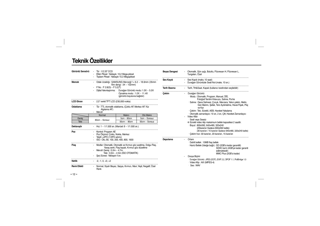 Samsung EC-L200ZSBA/IT, EC-L200ZBBA/FR, EC-L200ZRBA/FR, EC-L200ZSBA/FR, EC-L200ZPBA/FR manual Teknik Özellikler, Mercek 