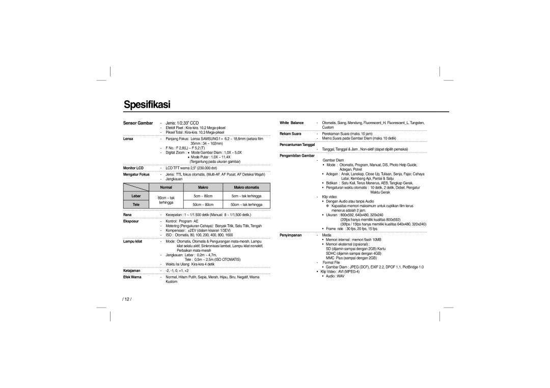 Samsung EC-L200ZRBA/FR, EC-L200ZBBA/FR, EC-L200ZSBA/FR, EC-L200ZPBA/FR, EC-L200ZSBB/IT manual Spesifikasi, Sensor Gambar 