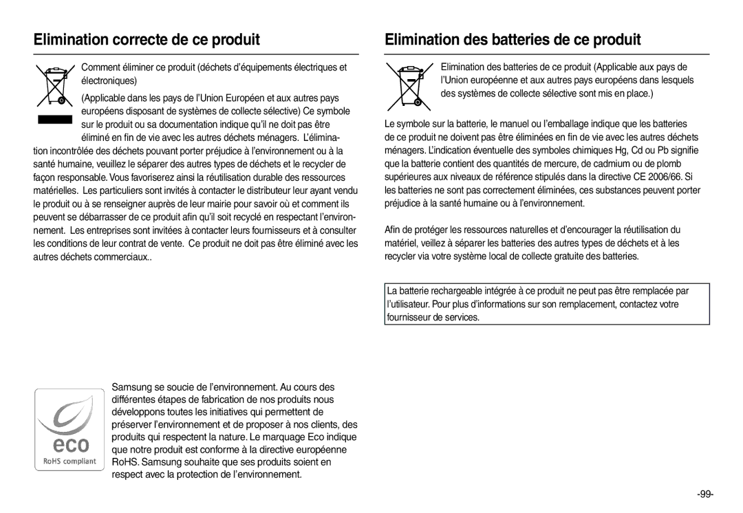 Samsung EC-L200ZBBA/FR, EC-L200ZRBA/FR, EC-L200ZSBA/FR, EC-L200ZPBA/FR manual Elimination correcte de ce produit 