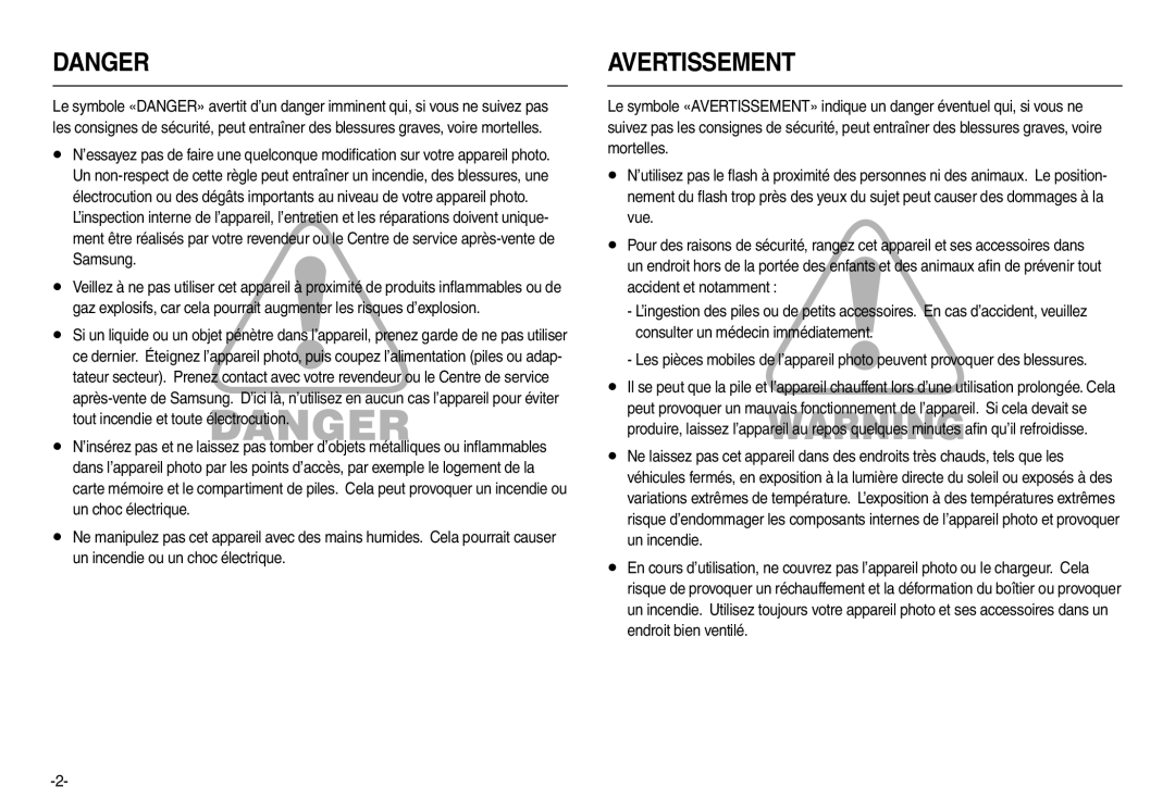 Samsung EC-L200ZPBA/FR, EC-L200ZBBA/FR, EC-L200ZRBA/FR, EC-L200ZSBA/FR manual Avertissement 