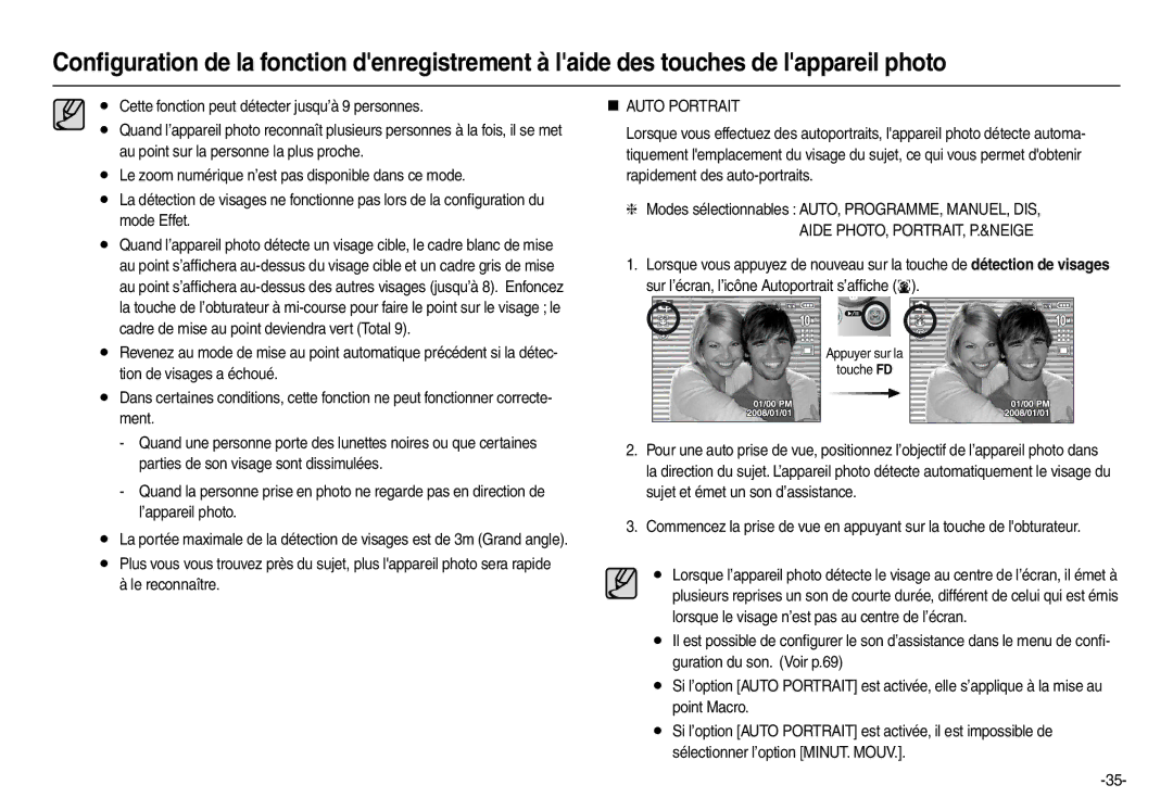 Samsung EC-L200ZBBA/FR, EC-L200ZRBA/FR, EC-L200ZSBA/FR, EC-L200ZPBA/FR manual „ Auto Portrait, Aide PHOTO, PORTRAIT, P.&NEIGE 