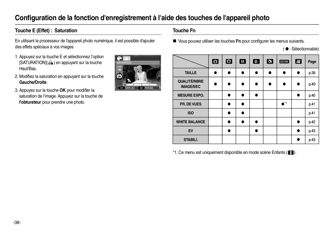 Samsung EC-L200ZPBA/FR Touche E Effet Saturation, Touche Fn, Ce menu est uniquement disponible en mode scène Enfants  
