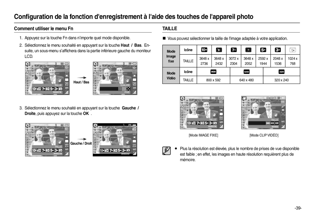 Samsung EC-L200ZBBA/FR, EC-L200ZRBA/FR, EC-L200ZSBA/FR, EC-L200ZPBA/FR manual Comment utiliser le menu Fn, Taille 