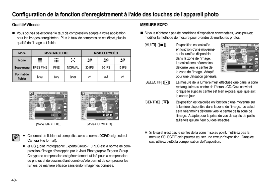 Samsung EC-L200ZRBA/FR, EC-L200ZBBA/FR, EC-L200ZSBA/FR, EC-L200ZPBA/FR manual Qualité/ Vitesse, Mesure Expo, Avi 