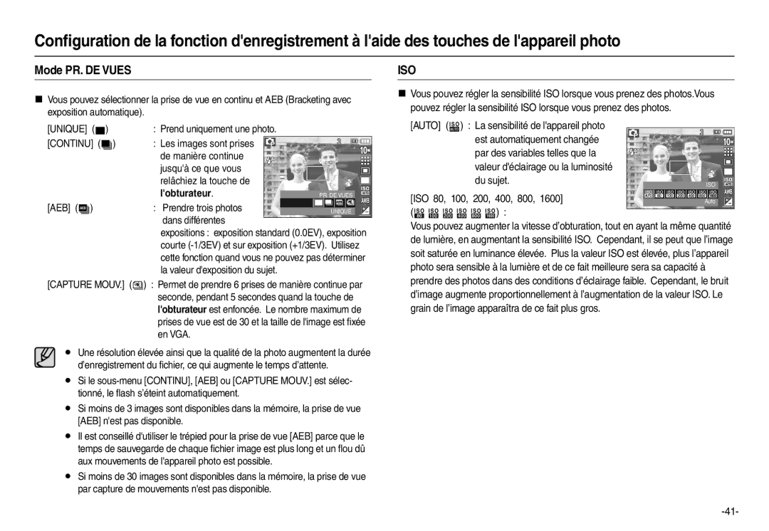 Samsung EC-L200ZSBA/FR, EC-L200ZBBA/FR, EC-L200ZRBA/FR, EC-L200ZPBA/FR manual Mode PR. DE Vues, Iso, Continu , Lobturateur 