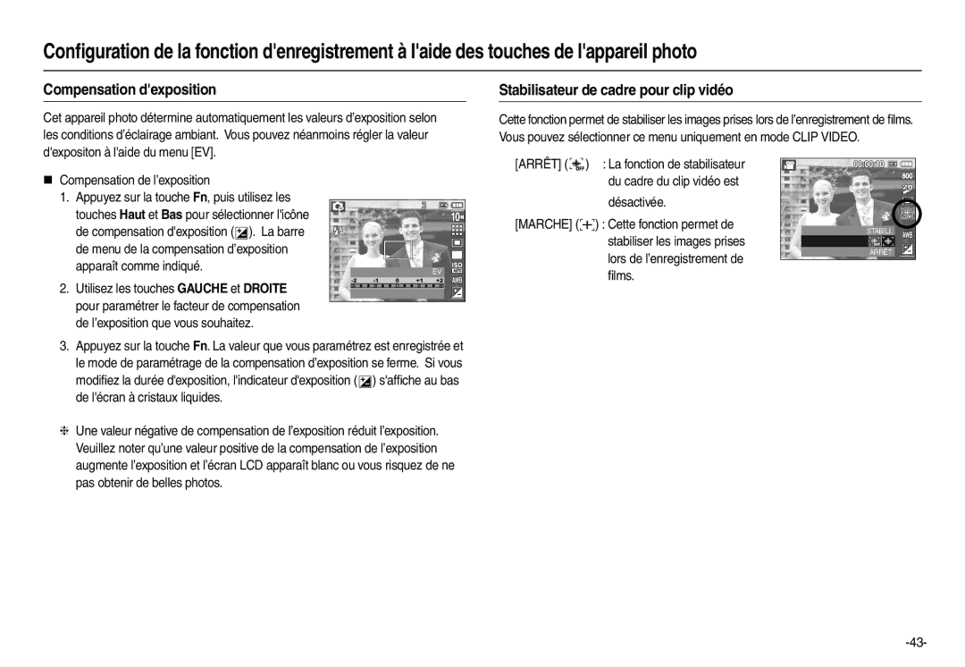 Samsung EC-L200ZBBA/FR, EC-L200ZRBA/FR, EC-L200ZSBA/FR Compensation dexposition, Stabilisateur de cadre pour clip vidéo 