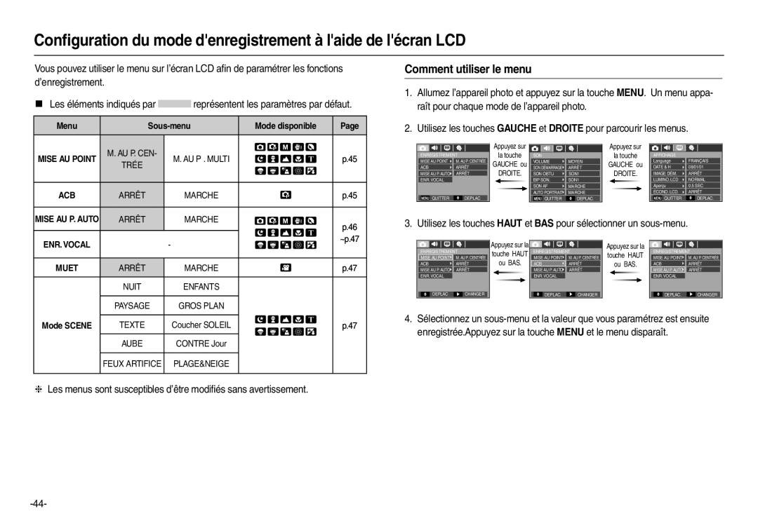 Samsung EC-L200ZRBA/FR manual Conﬁguration du mode denregistrement à laide de lécran LCD, Comment utiliser le menu 