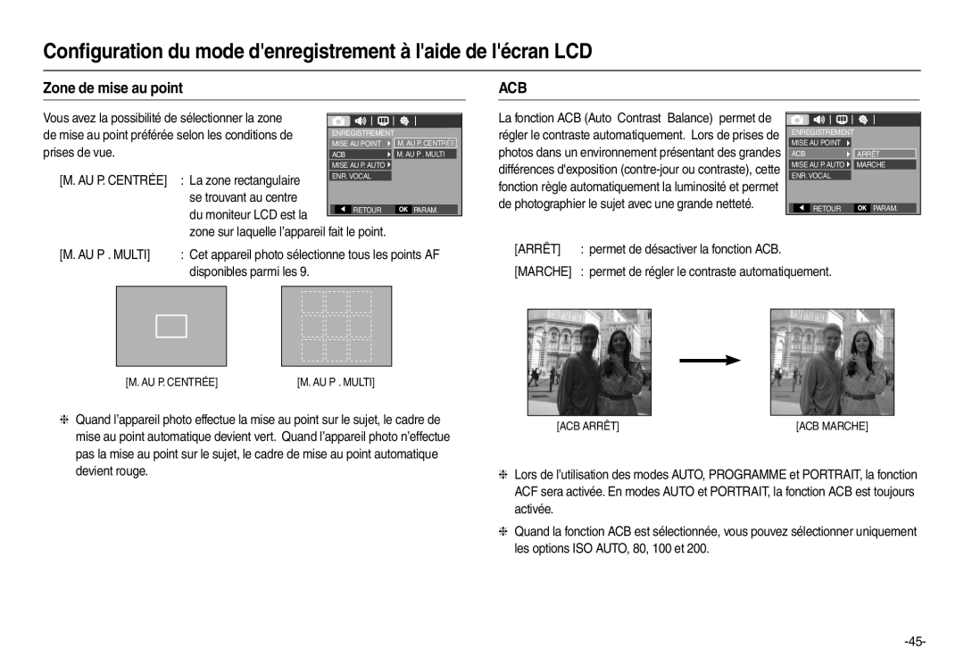 Samsung EC-L200ZSBA/FR, EC-L200ZBBA/FR, EC-L200ZRBA/FR Acb, Arrêt, Marche permet de régler le contraste automatiquement 