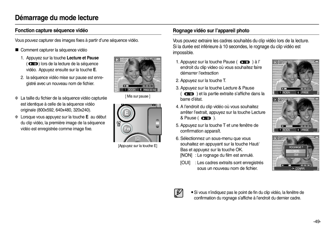 Samsung EC-L200ZSBA/FR, EC-L200ZBBA/FR, EC-L200ZRBA/FR Fonction capture séquence vidéo, Rognage vidéo sur l’appareil photo 