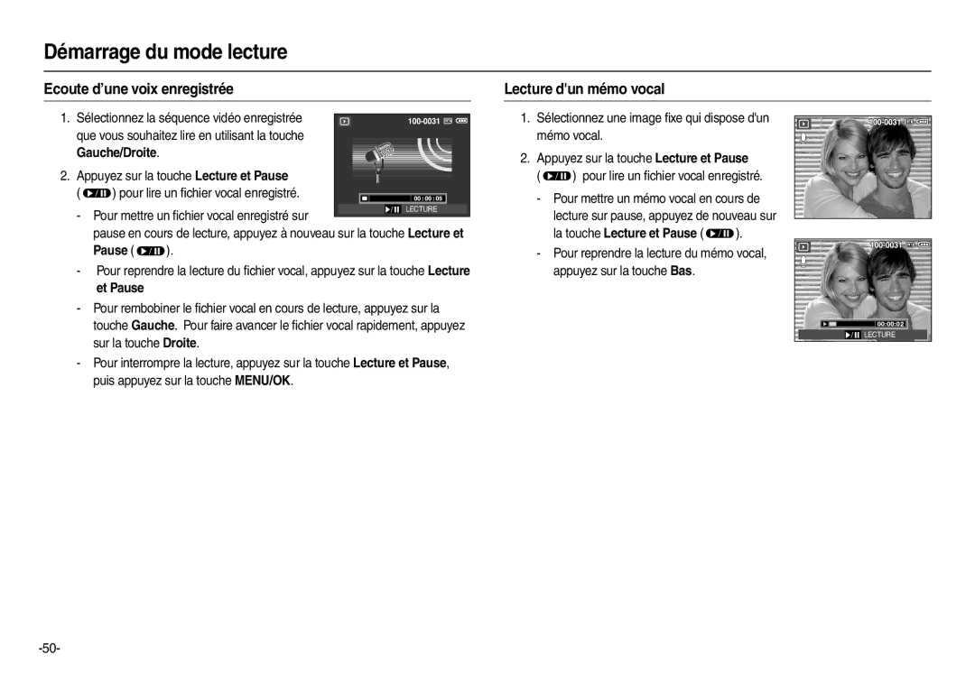 Samsung EC-L200ZPBA/FR manual Ecoute d’une voix enregistrée, Lecture dun mémo vocal, Et Pause, La touche Lecture et Pause  