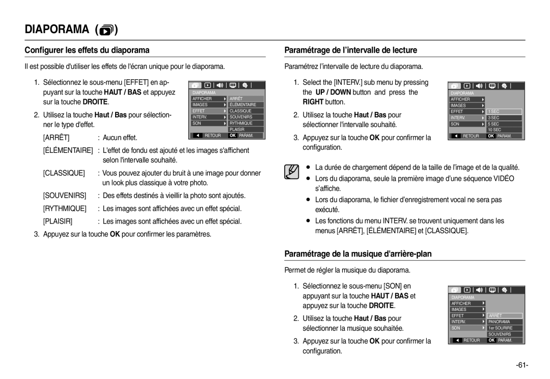 Samsung EC-L200ZSBA/FR, EC-L200ZBBA/FR manual Conﬁgurer les effets du diaporama, Paramétrage de l’intervalle de lecture 