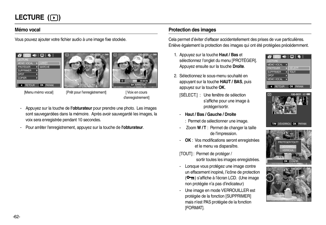 Samsung EC-L200ZPBA/FR, EC-L200ZBBA/FR, EC-L200ZRBA/FR manual Mémo vocal, Protection des images, Haut / Bas / Gauche / Droite 