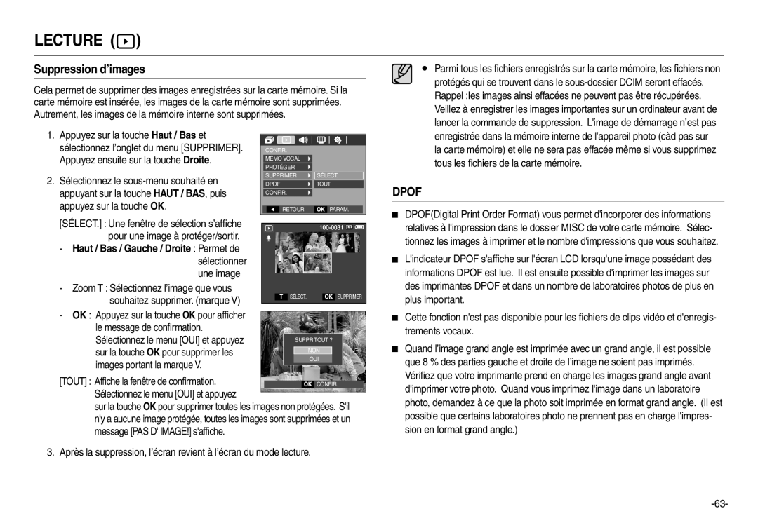 Samsung EC-L200ZBBA/FR, EC-L200ZRBA/FR, EC-L200ZSBA/FR, EC-L200ZPBA/FR manual Suppression d’images, Dpof 