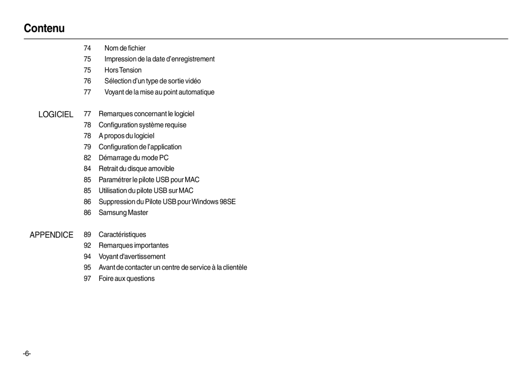 Samsung EC-L200ZPBA/FR, EC-L200ZBBA/FR, EC-L200ZRBA/FR, EC-L200ZSBA/FR manual Contenu 