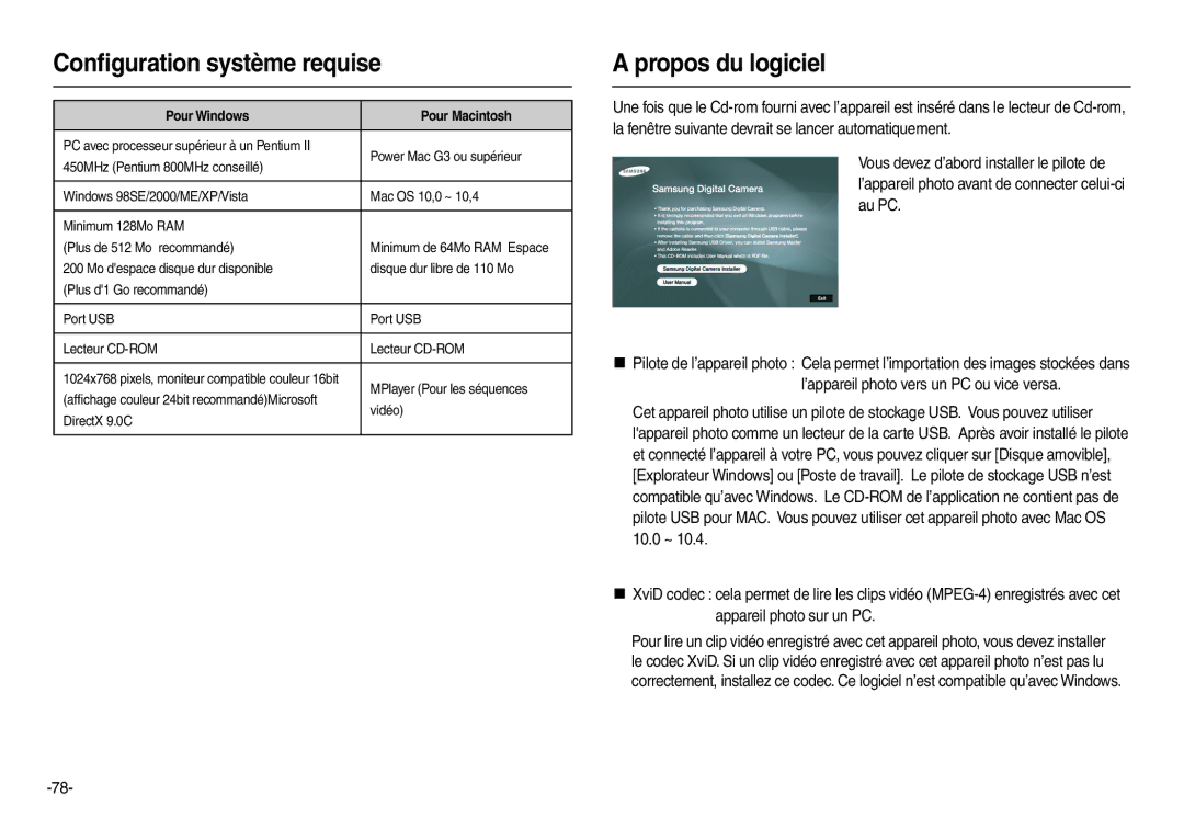 Samsung EC-L200ZPBA/FR, EC-L200ZBBA/FR manual Conﬁguration système requise, Propos du logiciel, Pour Windows Pour Macintosh 