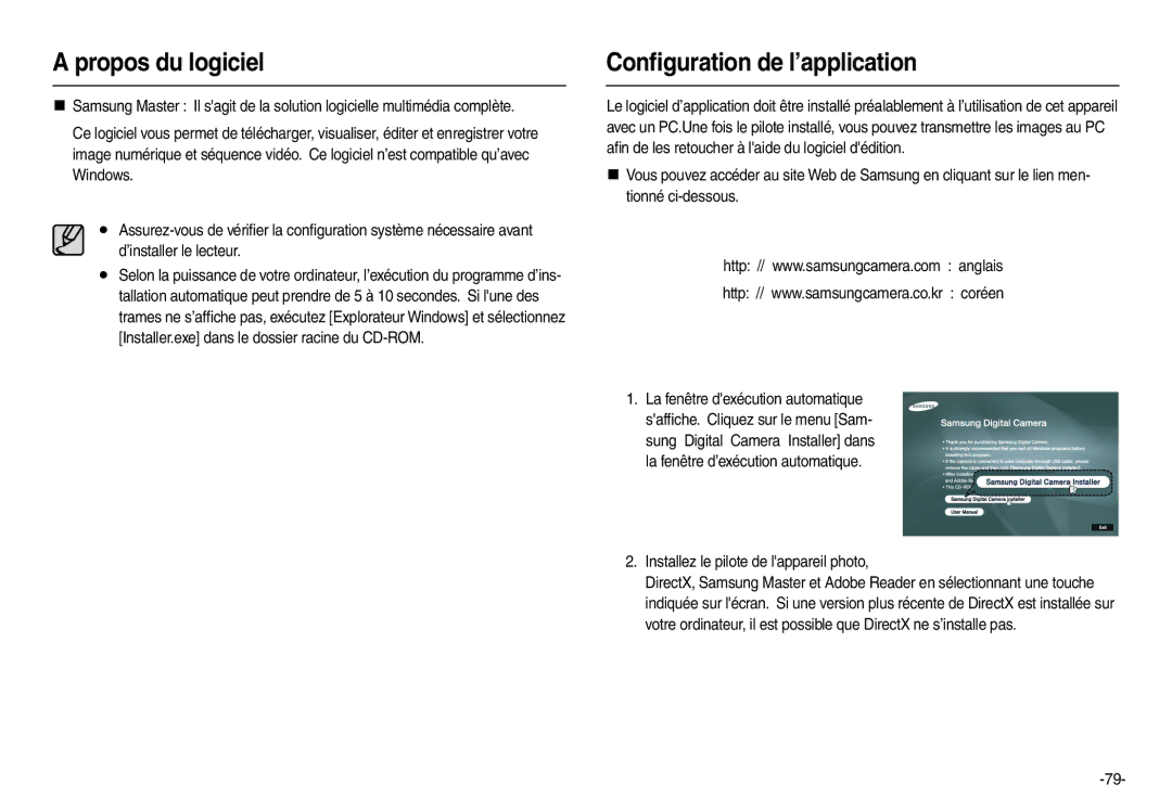 Samsung EC-L200ZBBA/FR, EC-L200ZRBA/FR manual Conﬁguration de l’application, Installez le pilote de lappareil photo 