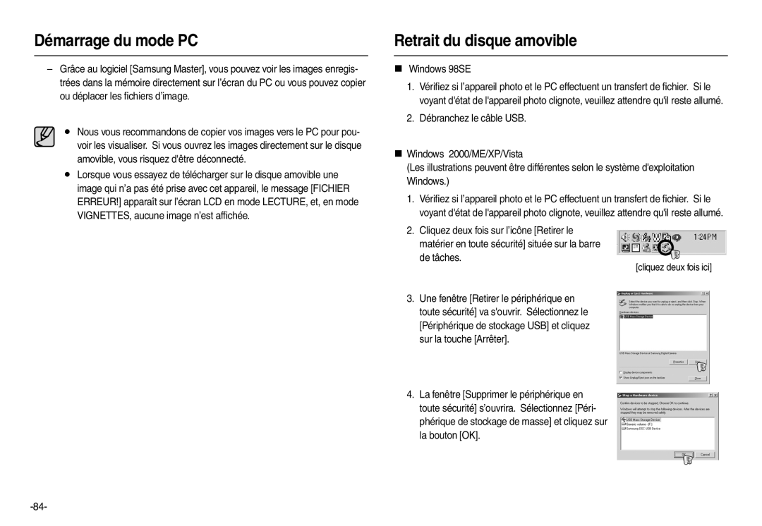 Samsung EC-L200ZRBA/FR, EC-L200ZBBA/FR manual Retrait du disque amovible, „ Windows 98SE, De tâches Cliquez deux fois ici 