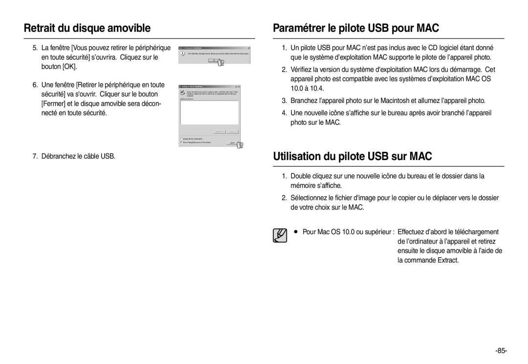 Samsung EC-L200ZSBA/FR manual Paramétrer le pilote USB pour MAC, Utilisation du pilote USB sur MAC, Débranchez le câble USB 