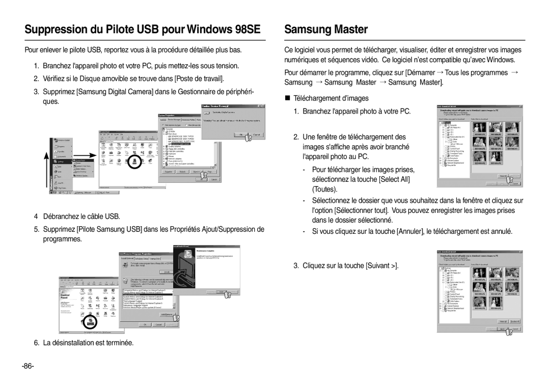 Samsung EC-L200ZPBA/FR, EC-L200ZBBA/FR, EC-L200ZRBA/FR manual Samsung Master, Suppression du Pilote USB pour Windows 98SE 